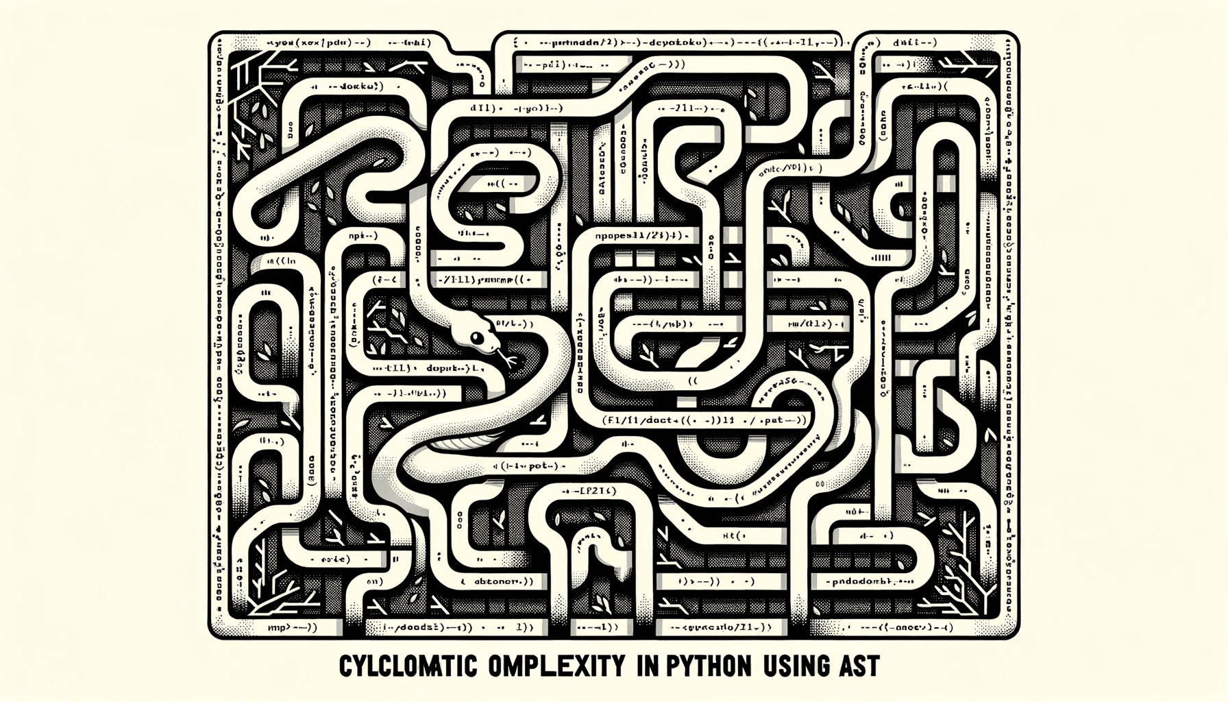 Maze of winding paths with a small snake, a diagram of branching control flow