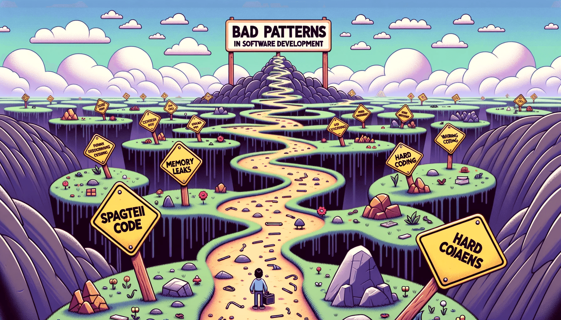 Cartoon path through warning signs for software anti-patterns such as spaghetti code