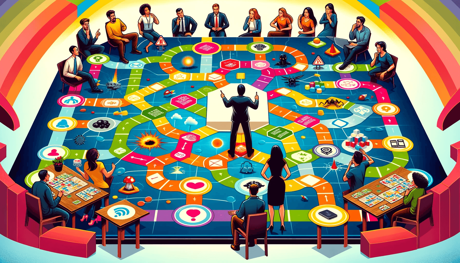 Illustration of people seated around a large colourful board game